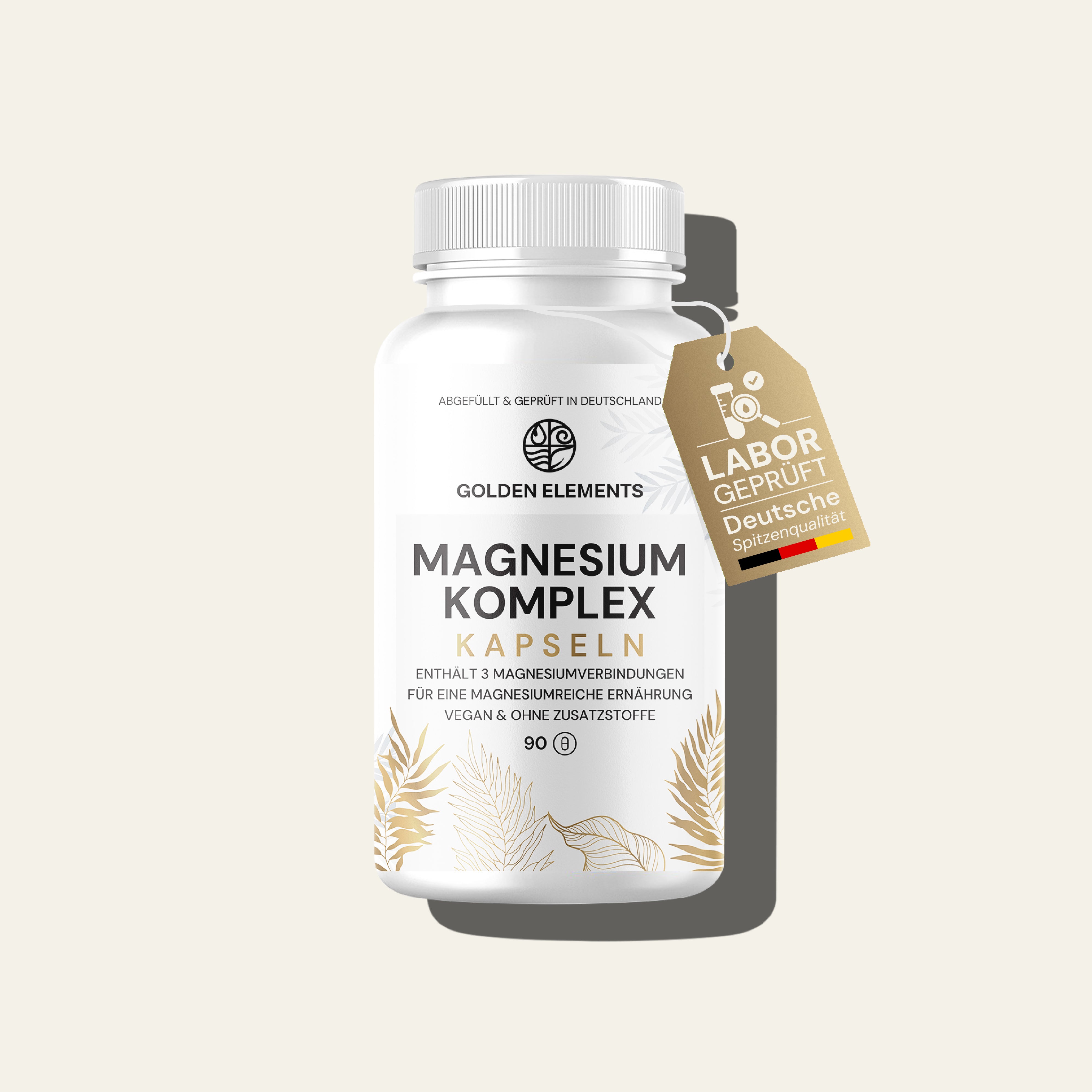 Golden Elements Magnesium Komplex Kapseln in weißer Dose mit goldenen Pflanzenmustern, vegan mit 3-Magnesiumverbindungen.